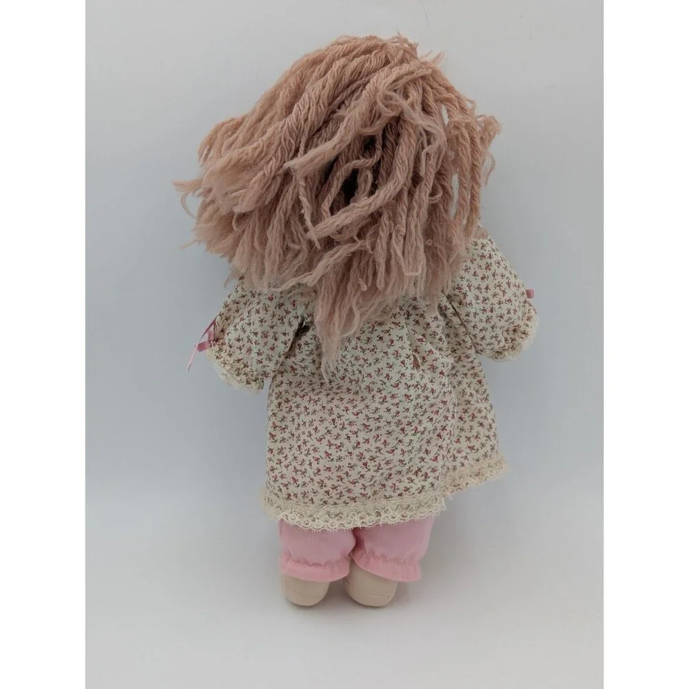 Handmade Cloth Rag Doll 16” Yarn Hair Floral Dress Pink Pants Embroidered...